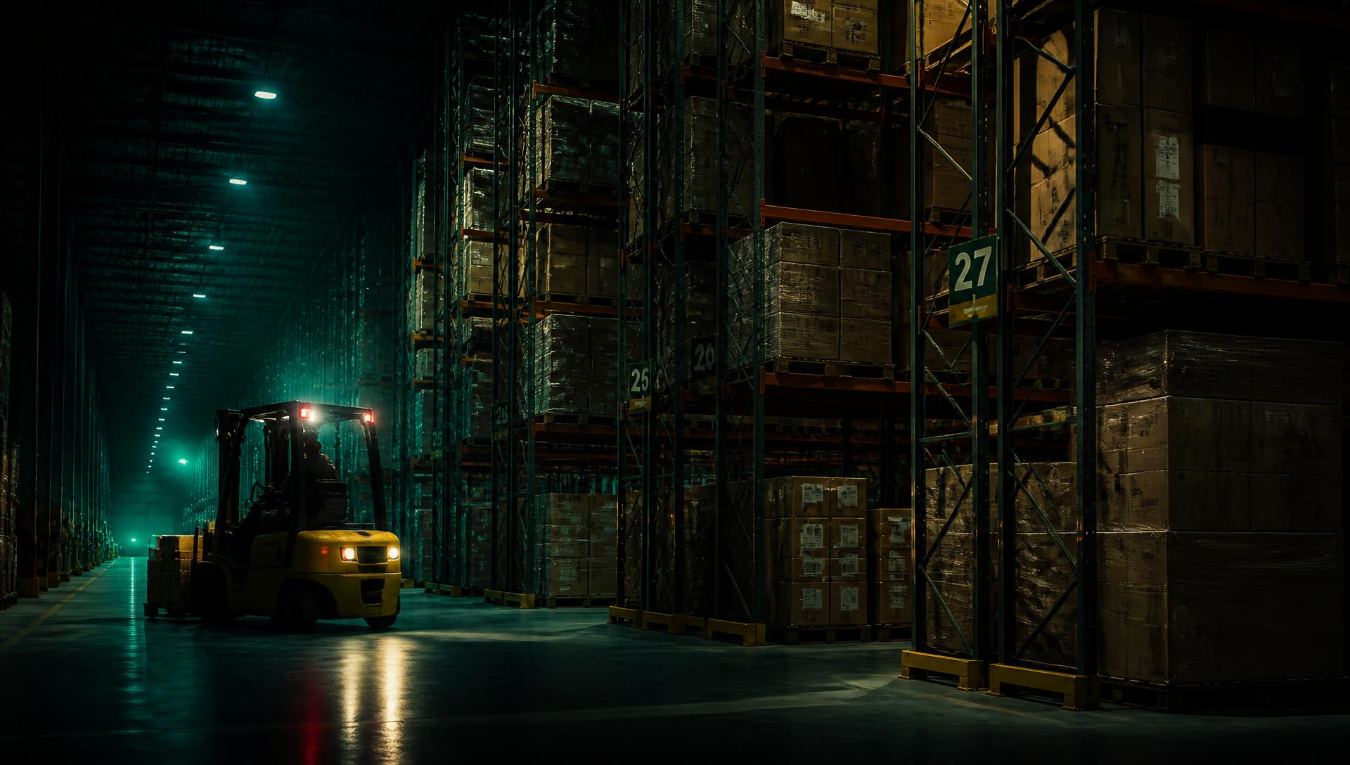 Dark modern fulfillment warehouse with tall racking and a forklift
